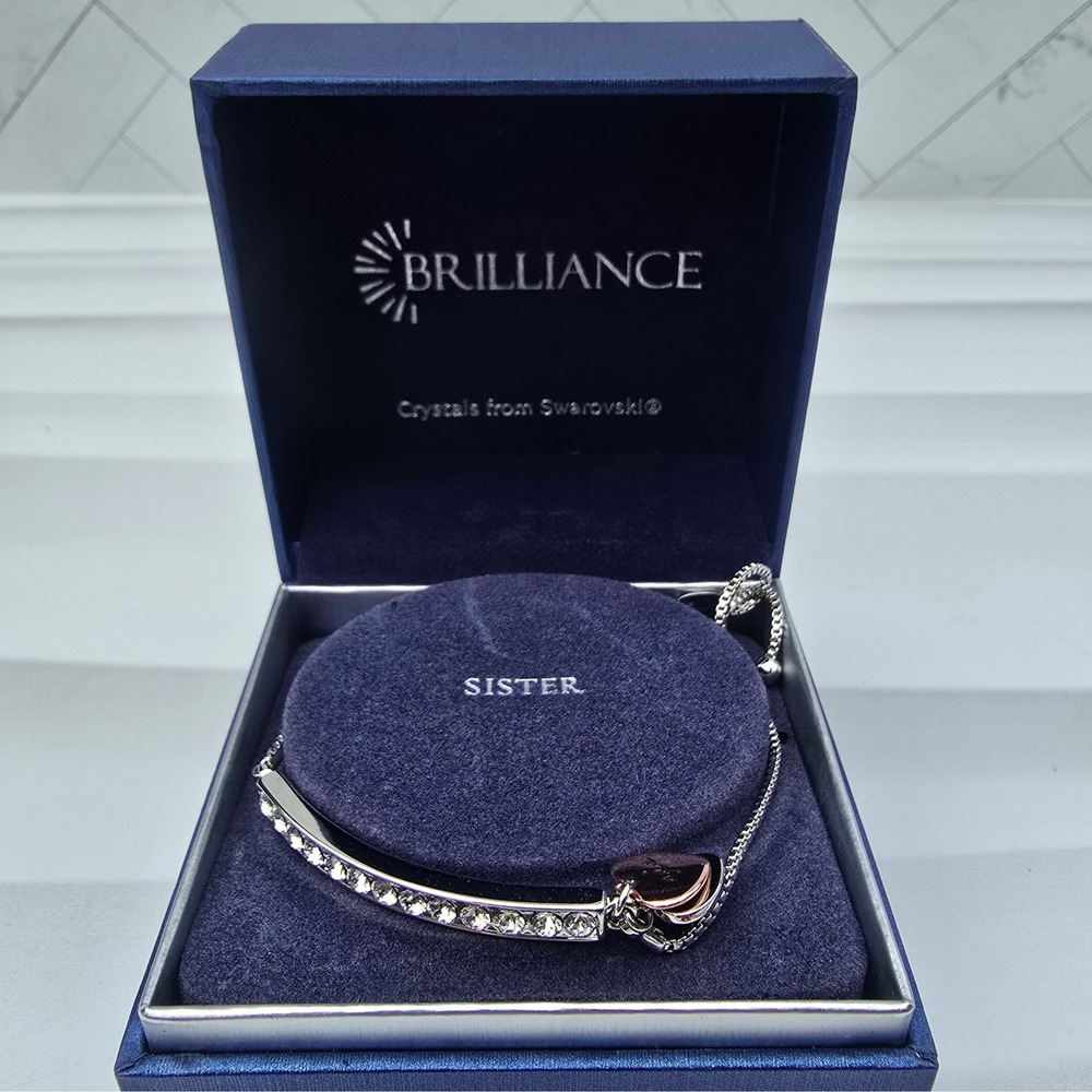 Brilliance Sister Bolo Bracelet Swarovski Crystals Heart Boxed Sis Gift